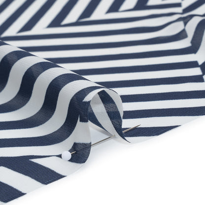 Polyester Chiffon Print - Navy Blue and White Angled Stripes - Designer Deadstock