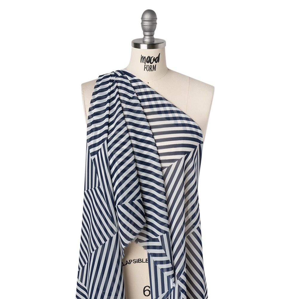 Polyester Chiffon Print - Navy Blue and White Angled Stripes - Designer Deadstock - Drape