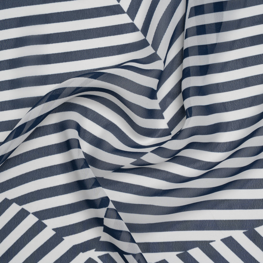 Polyester Chiffon Print - Navy Blue and White Angled Stripes - Designer Deadstock