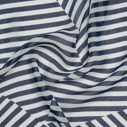 Polyester Chiffon Print - Navy Blue and White Angled Stripes - Designer Deadstock