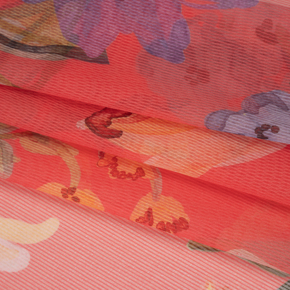 Polyester Chiffon Print with Solid Pinstripes - Ruby Pink, Blue, Soft Golden Orange Watercolor Floral - Designer Deadstock - Folded