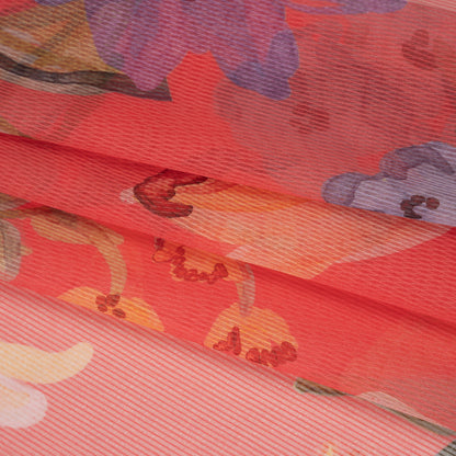 Polyester Chiffon Print with Solid Pinstripes - Ruby Pink, Blue, Soft Golden Orange Watercolor Floral - Designer Deadstock