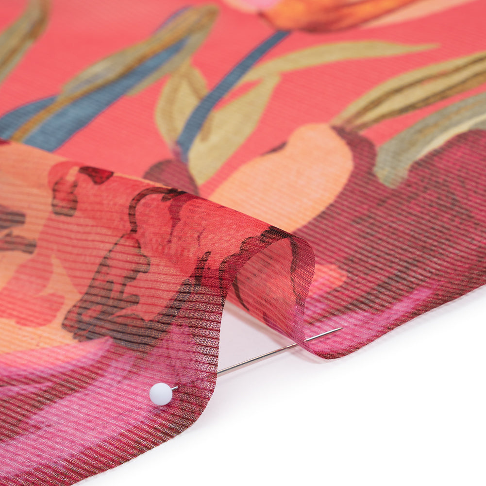 Polyester Chiffon Print with Solid Pinstripes - Ruby Pink, Blue, Soft Golden Orange Watercolor Floral - Designer Deadstock - Detail