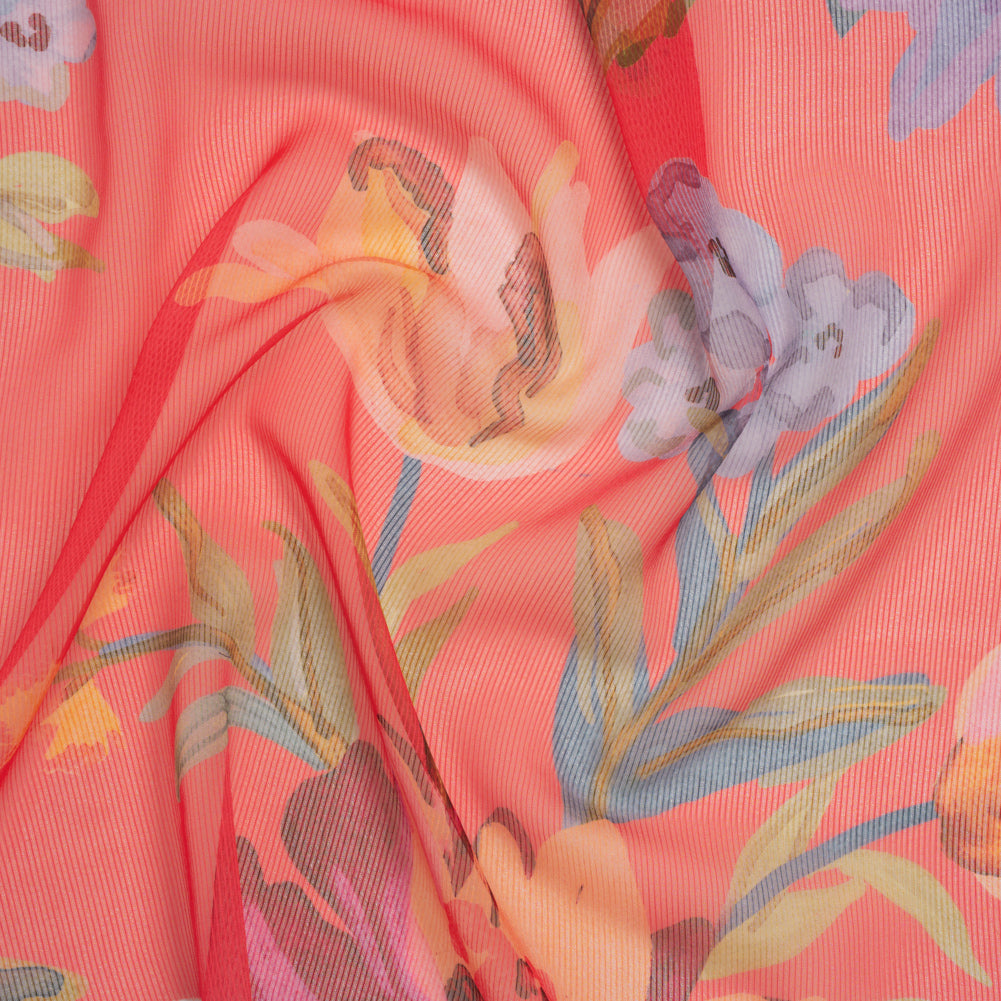 Polyester Chiffon Print with Solid Pinstripes - Ruby Pink, Blue, Soft Golden Orange Watercolor Floral - Designer Deadstock