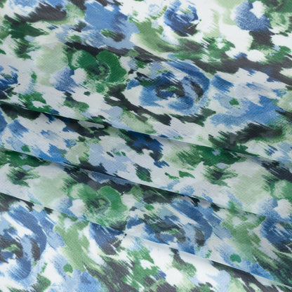 Polyester Chiffon Print - Cobalt Blue, Emerald Green and White Ikat Floral - Designer Deadstock