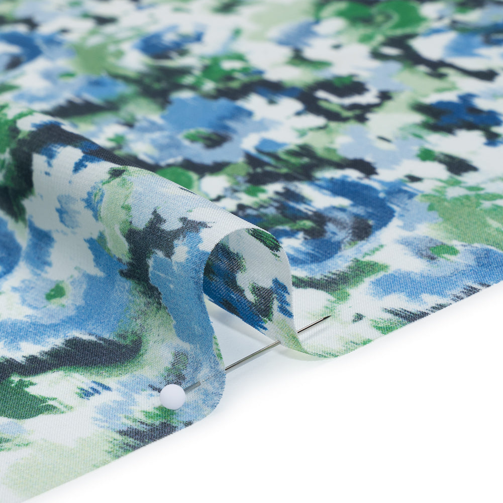 Polyester Chiffon Print - Cobalt Blue, Emerald Green and White Ikat Floral - Designer Deadstock - Detail