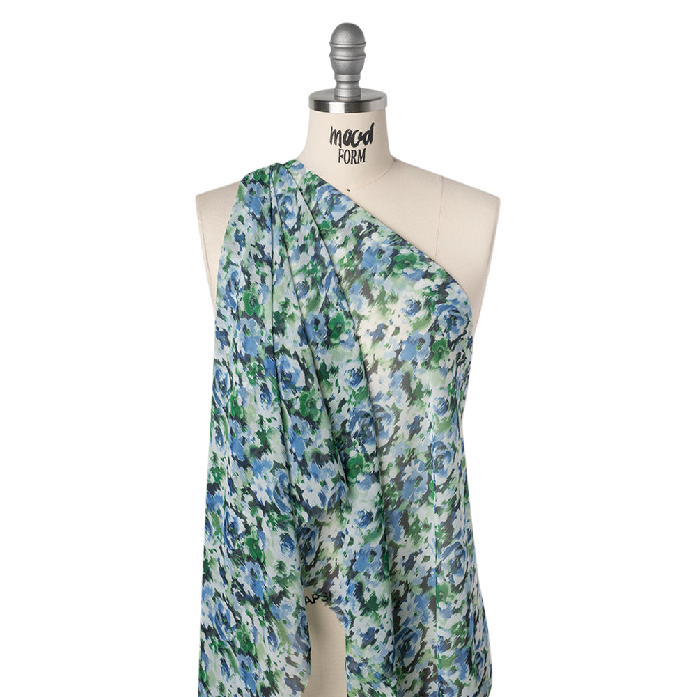 Polyester Chiffon Print - Cobalt Blue, Emerald Green and White Ikat Floral - Designer Deadstock - Drape