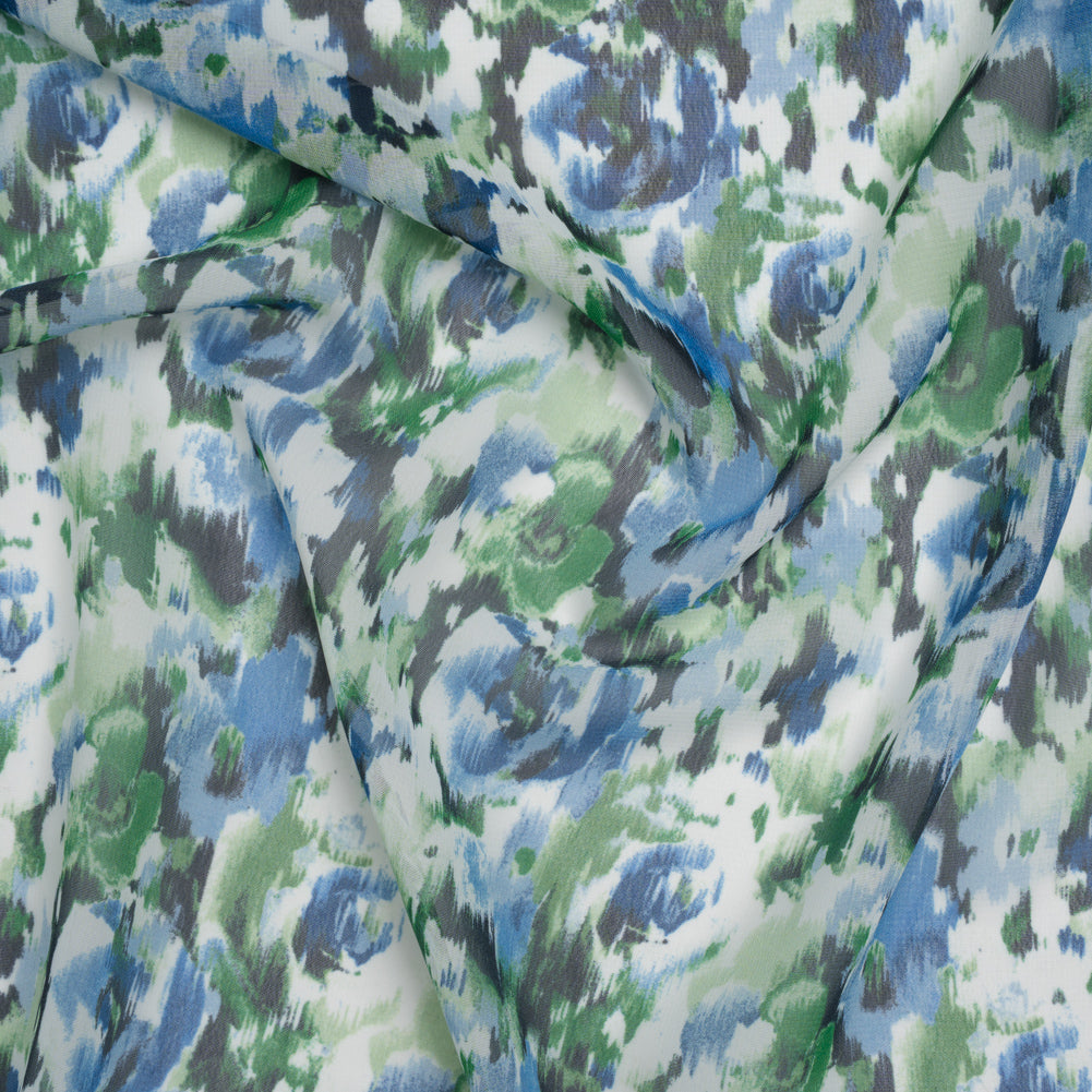 Polyester Chiffon Print - Cobalt Blue, Emerald Green and White Ikat Floral - Designer Deadstock