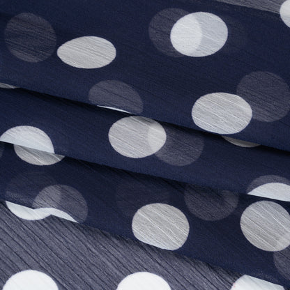 Crinkled Polyester Chiffon Print - Midnight Blue and White Polka Dots - Designer Deadstock