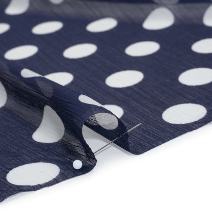 Crinkled Polyester Chiffon Print - Midnight Blue and White Polka Dots - Designer Deadstock