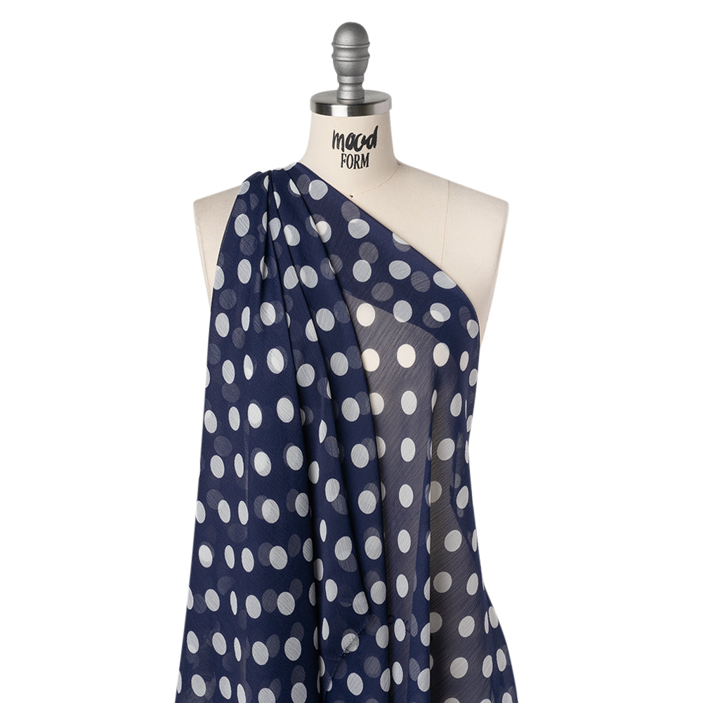 Crinkled Polyester Chiffon Print - Midnight Blue and White Polka Dots - Designer Deadstock - Drape