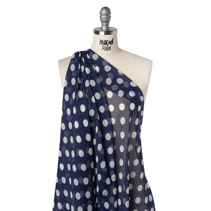 Crinkled Polyester Chiffon Print - Midnight Blue and White Polka Dots - Designer Deadstock