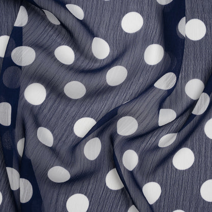 Crinkled Polyester Chiffon Print - Midnight Blue and White Polka Dots - Designer Deadstock