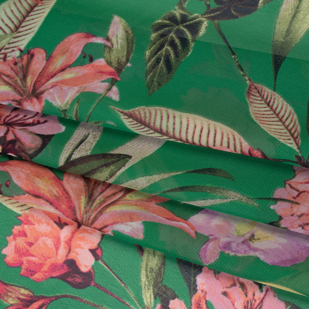 Polyester Chiffon Print - Coral Pink, Soft Yellow and Kelly Green Tropical Floral - Designer Deadstock - Folded