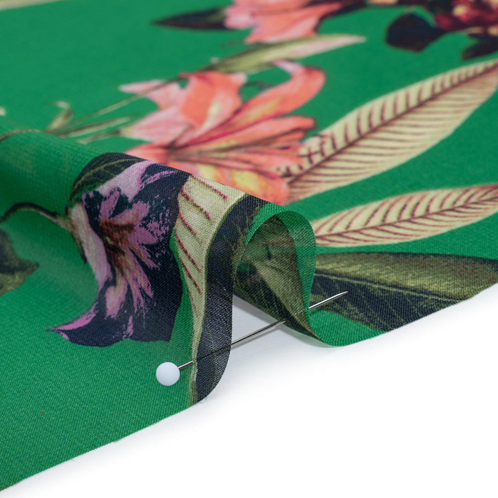 Polyester Chiffon Print - Coral Pink, Soft Yellow and Kelly Green Tropical Floral - Designer Deadstock - Detail