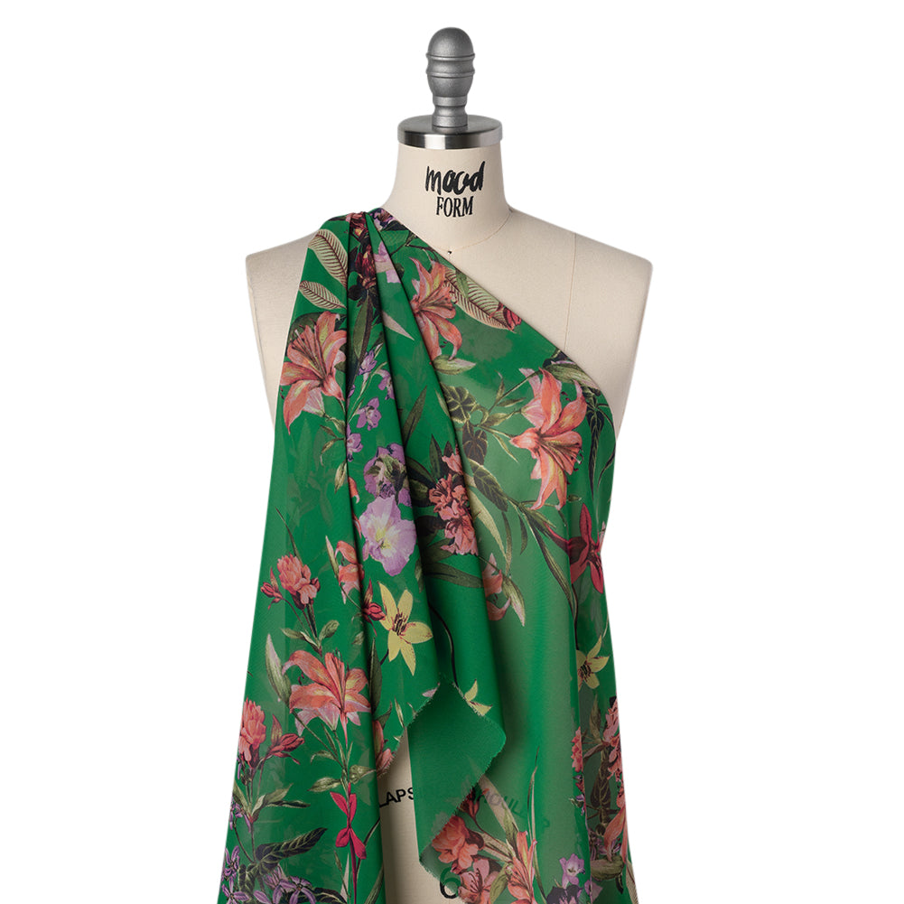 Polyester Chiffon Print - Coral Pink, Soft Yellow and Kelly Green Tropical Floral - Designer Deadstock - Drape
