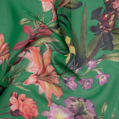 Polyester Chiffon Print - Coral Pink, Soft Yellow and Kelly Green Tropical Floral - Designer Deadstock