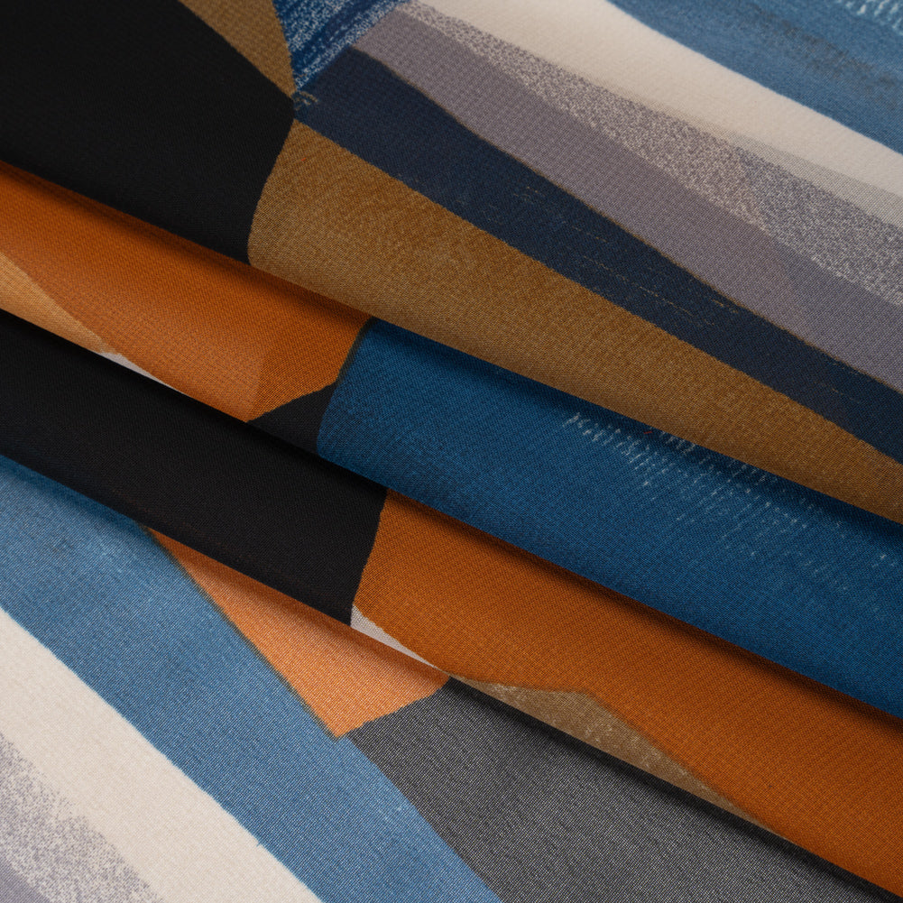 Polyester Chiffon Print - Navy Blue, Copper Brown and Rusty Orange Abstract Shapes - Designer Deadstock - Folded