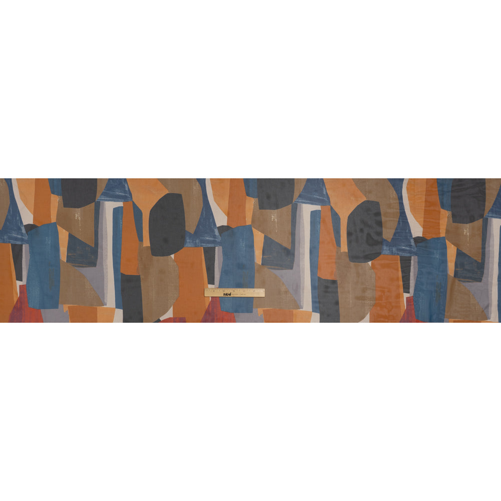 Polyester Chiffon Print - Navy Blue, Copper Brown and Rusty Orange Abstract Shapes - Designer Deadstock - Full