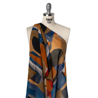Polyester Chiffon Print - Navy Blue, Copper Brown and Rusty Orange Abstract Shapes - Designer Deadstock