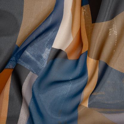Polyester Chiffon Print - Navy Blue, Copper Brown and Rusty Orange Abstract Shapes - Designer Deadstock