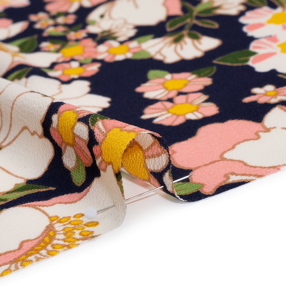Stretch Polyester Bubble Crepe Print - Cotton Candy Pink, Navy Blue and Moss Green Floral - Designer Deadstock Detail