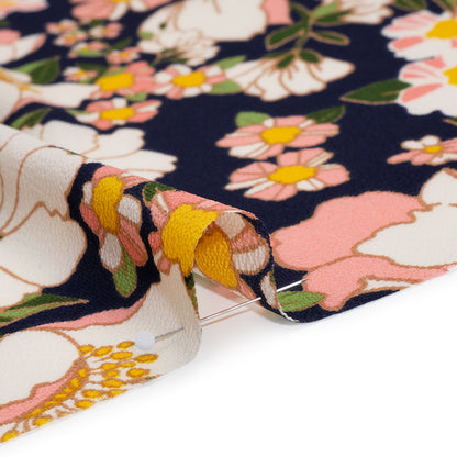 Stretch Polyester Bubble Crepe Print - Cotton Candy Pink, Navy Blue and Moss Green Floral - Designer Deadstock Detail