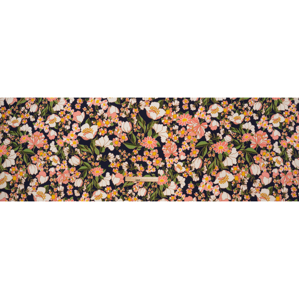 Stretch Polyester Bubble Crepe Print - Cotton Candy Pink, Navy Blue and Moss Green Floral - Designer Deadstock - Full