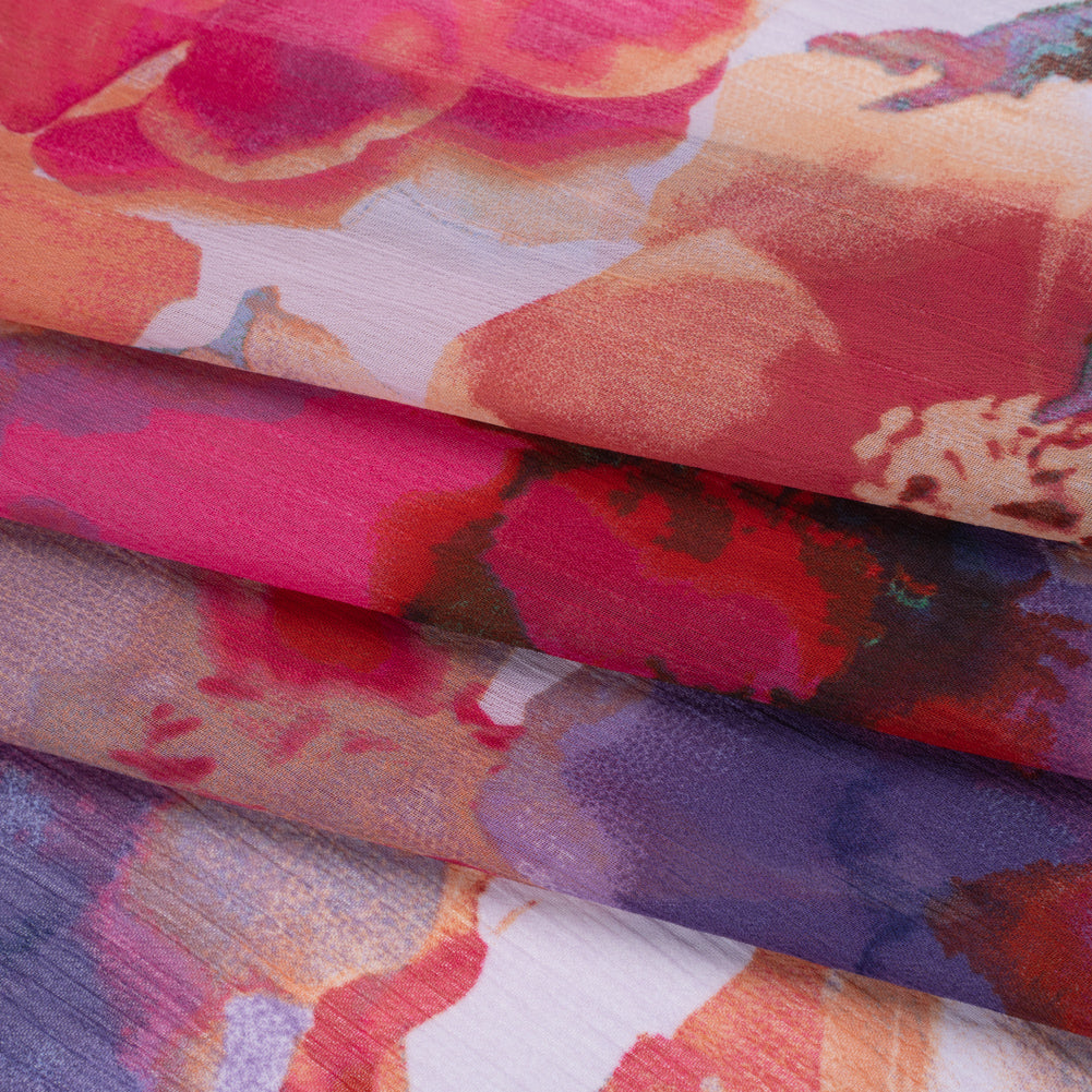 Crinkled Polyester Chiffon Print - Royal Purple, Fuchsia Pink and Apricot Orange Abstract Watercolor Floral - Designer Deadstock - Folded