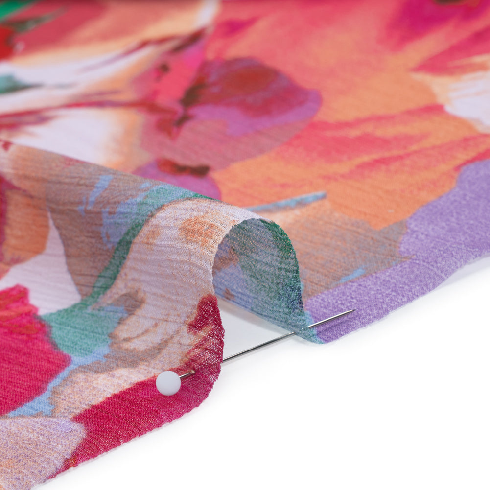 Crinkled Polyester Chiffon Print - Royal Purple, Fuchsia Pink and Apricot Orange Abstract Watercolor Floral - Designer Deadstock - Detail