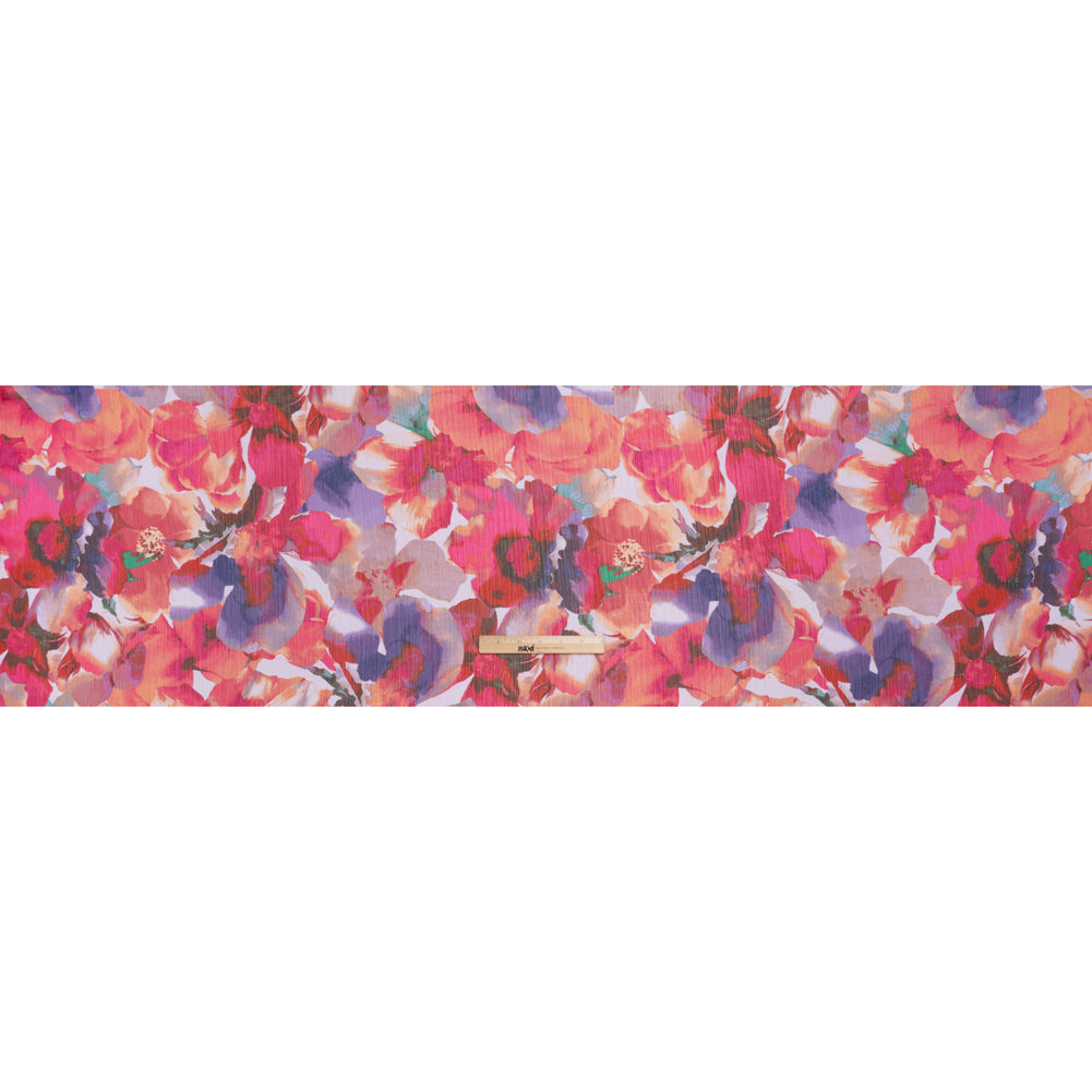Crinkled Polyester Chiffon Print - Royal Purple, Fuchsia Pink and Apricot Orange Abstract Watercolor Floral - Designer Deadstock - Full