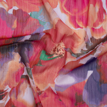 Crinkled Polyester Chiffon Print - Royal Purple, Fuchsia Pink and Apricot Orange Abstract Watercolor Floral - Designer Deadstock