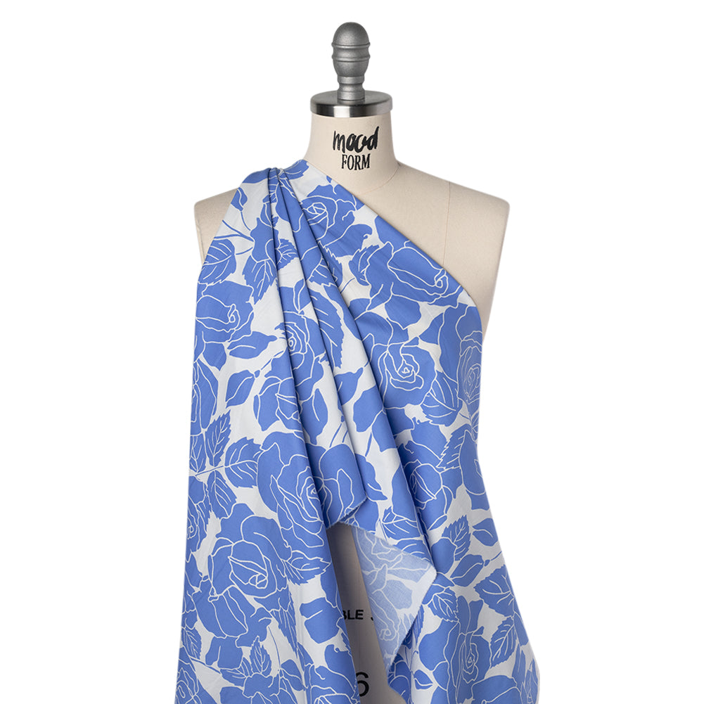 Stretch Cotton Poplin Print - Cornflower Blue and White Rose Floral - Designer Deadstock - Drape