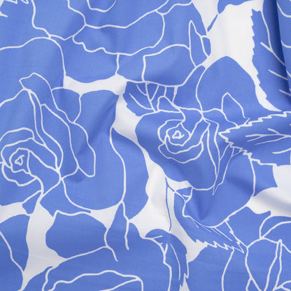 Stretch Cotton Poplin Print - Cornflower Blue and White Rose Floral - Designer Deadstock