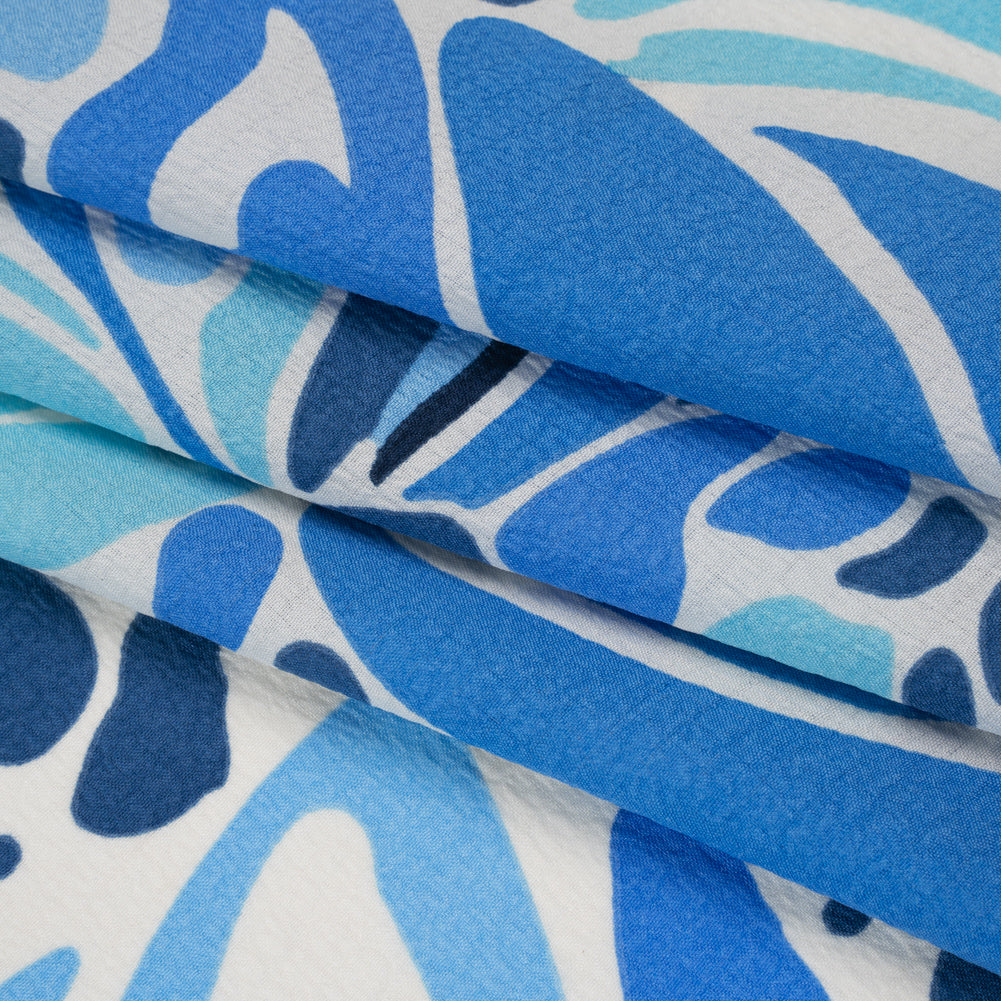 Polyester Crepe Print - Blue and White Abstract Floral Shapes - Designer Deadstock Folded