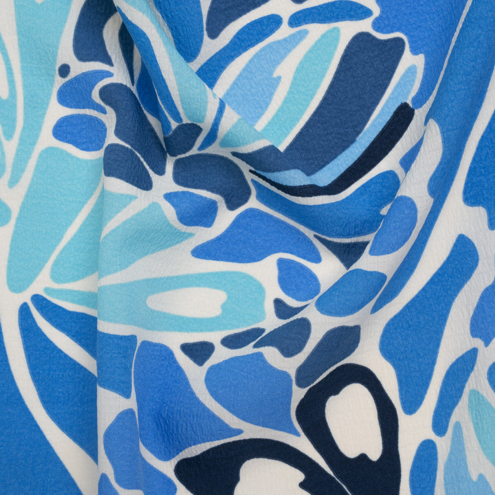 Polyester Crepe Print - Blue and White Abstract Floral Shapes - Designer Deadstock