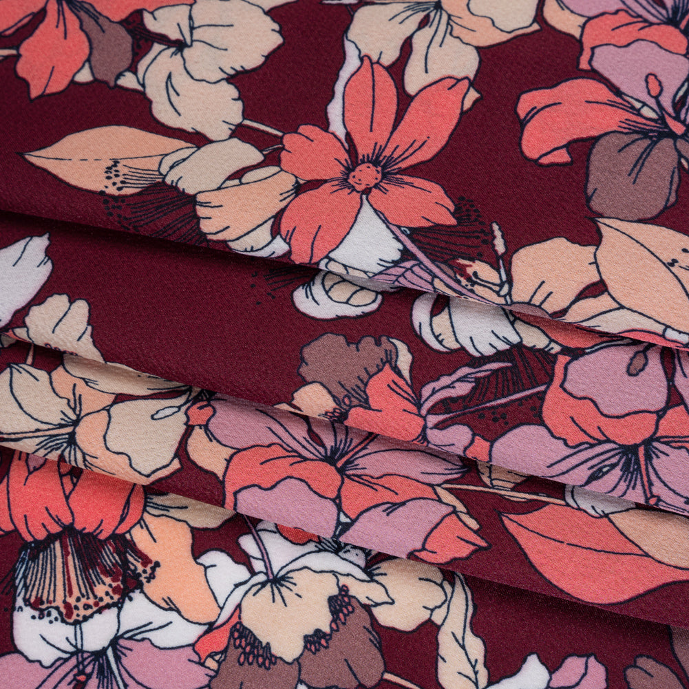 Hammered Polyester Satin Print - Burgundy Red, Dusty Pink and Pastel Orange Floral - Designer Deadstock - Folded
