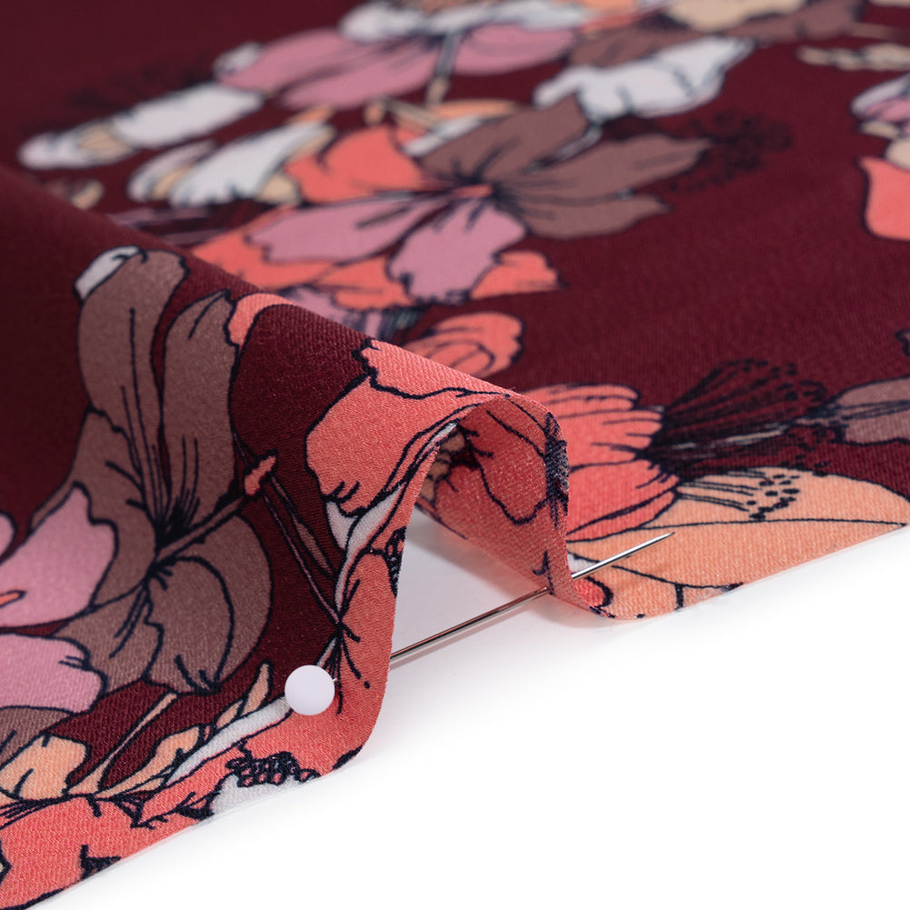 Hammered Polyester Satin Print - Burgundy Red, Dusty Pink and Pastel Orange Floral - Designer Deadstock - Detail