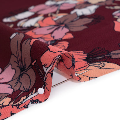 Hammered Polyester Satin Print - Burgundy Red, Dusty Pink and Pastel Orange Floral - Designer Deadstock