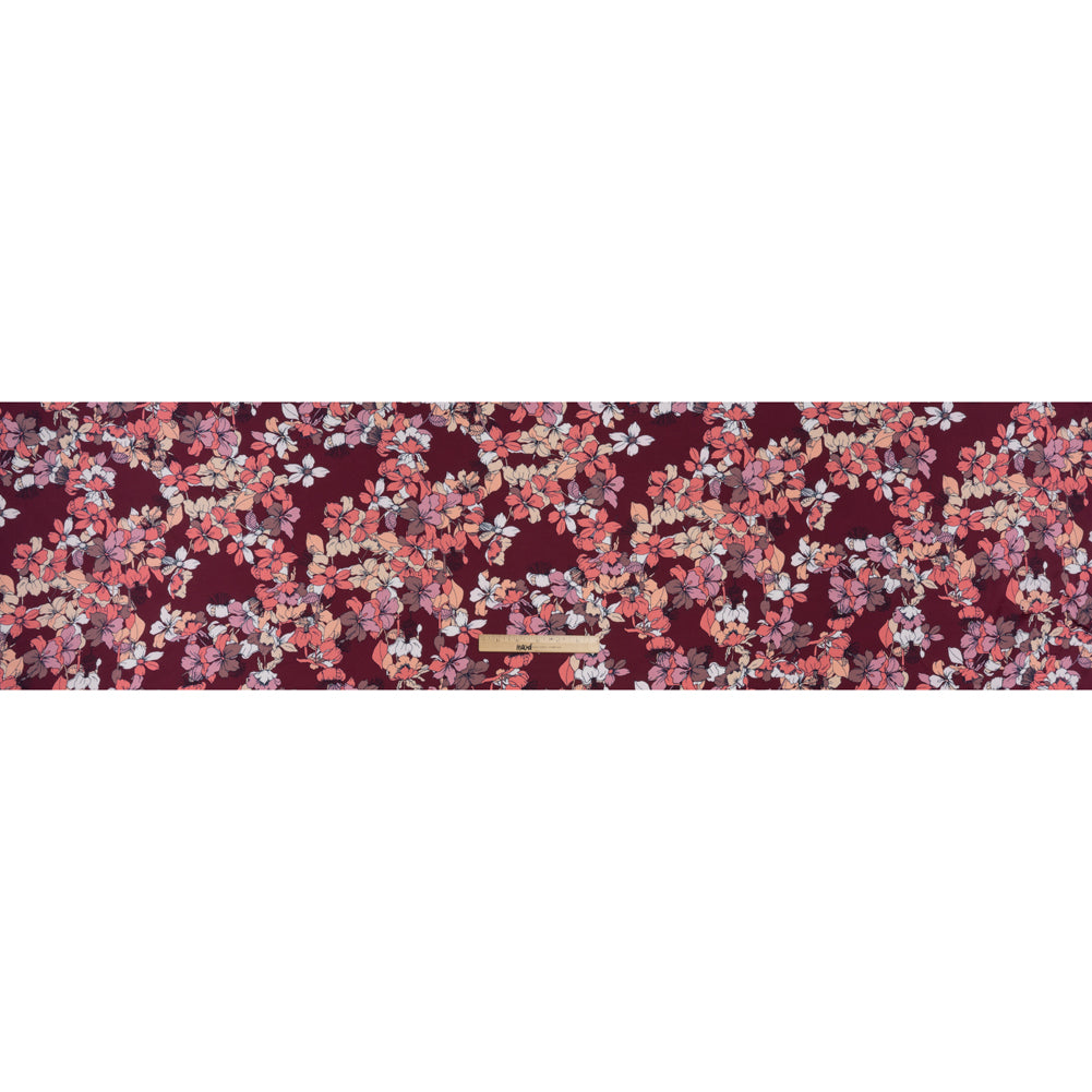 Hammered Polyester Satin Print - Burgundy Red, Dusty Pink and Pastel Orange Floral - Designer Deadstock - Full
