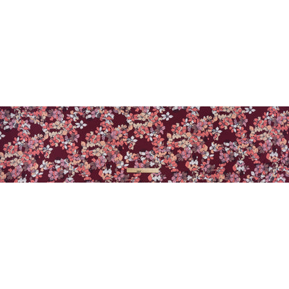 Hammered Polyester Satin Print - Burgundy Red, Dusty Pink and Pastel Orange Floral - Designer Deadstock