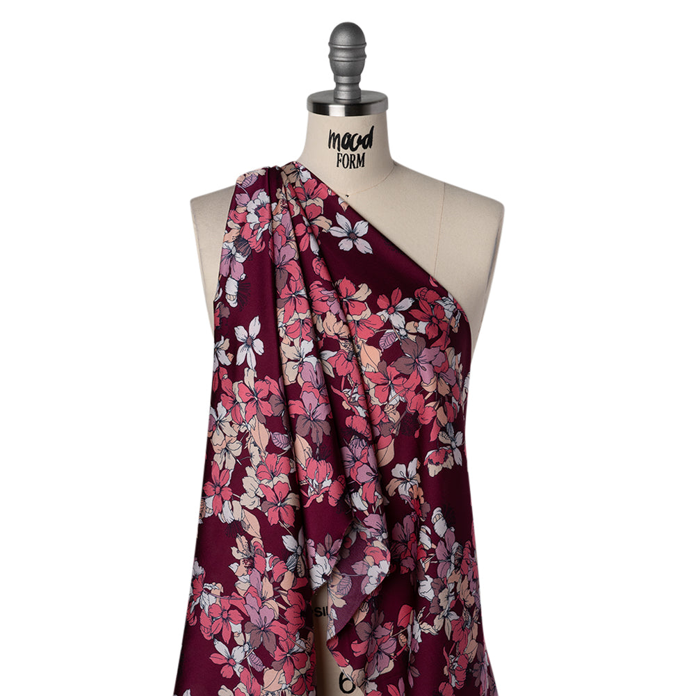 Hammered Polyester Satin Print - Burgundy Red, Dusty Pink and Pastel Orange Floral - Designer Deadstock - Drape