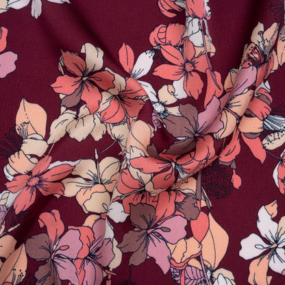 Hammered Polyester Satin Print - Burgundy Red, Dusty Pink and Pastel Orange Floral - Designer Deadstock
