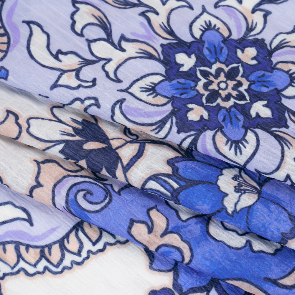 Wide Striped Polyester Seersucker Print - Royal Blue, Light Lavender Purple and Tuscan Beige Baroque Floral - Designer Deadstock Folded