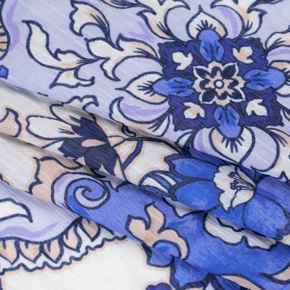 Wide Striped Polyester Seersucker Print - Royal Blue, Light Lavender Purple and Tuscan Beige Baroque Floral - Designer Deadstock Folded