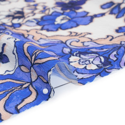 Wide Striped Polyester Seersucker Print - Royal Blue, Light Lavender Purple and Tuscan Beige Baroque Floral - Designer Deadstock Detail