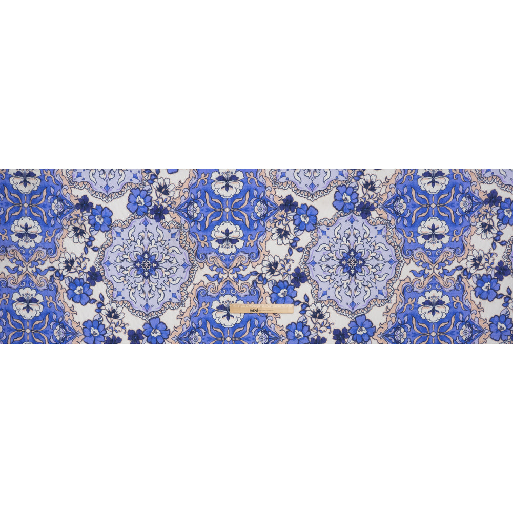 Wide Striped Polyester Seersucker Print - Royal Blue, Light Lavender Purple and Tuscan Beige Baroque Floral - Designer Deadstock - Full