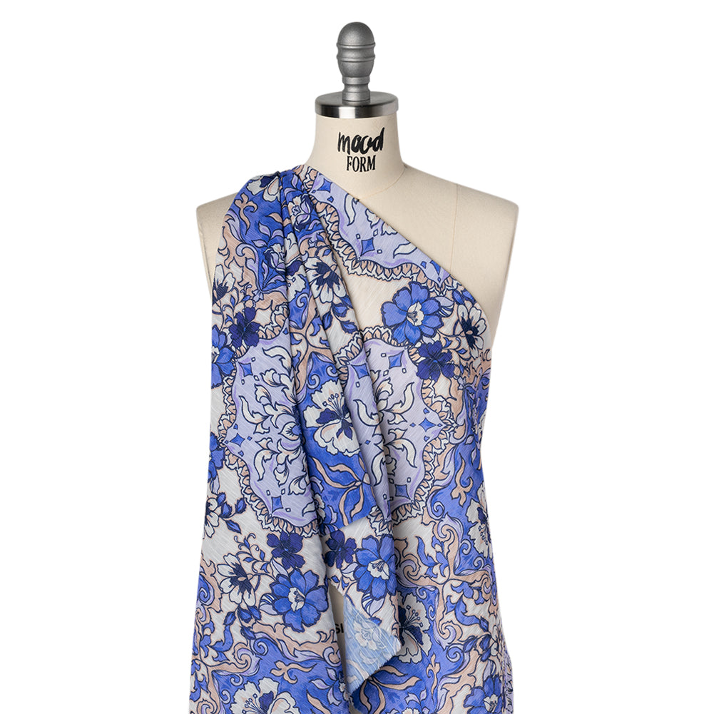 Wide Striped Polyester Seersucker Print - Royal Blue, Light Lavender Purple and Tuscan Beige Baroque Floral - Designer Deadstock Drape