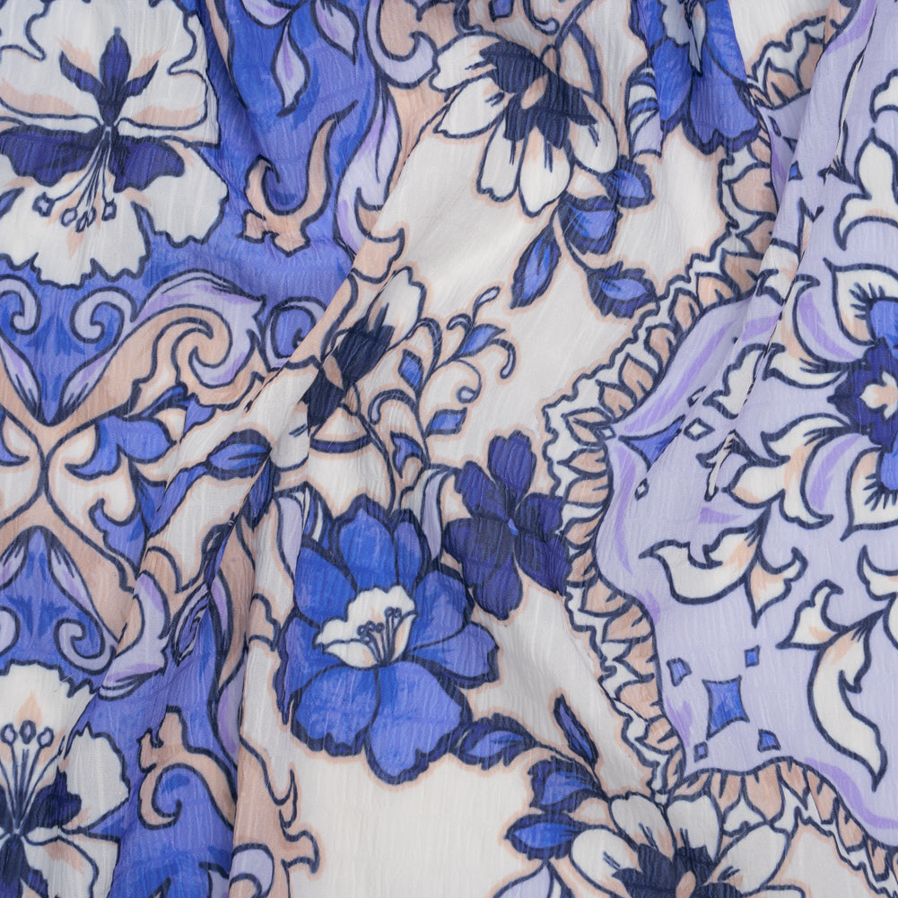 Wide Striped Polyester Seersucker Print - Royal Blue, Light Lavender Purple and Tuscan Beige Baroque Floral - Designer Deadstock