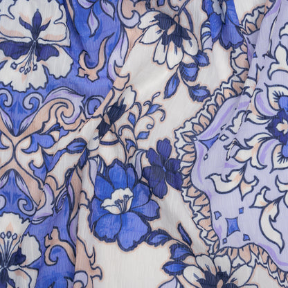 Wide Striped Polyester Seersucker Print - Royal Blue, Light Lavender Purple and Tuscan Beige Baroque Floral - Designer Deadstock
